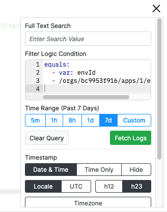 Screenshot showing Log filter menu with Logic query applied to Log view